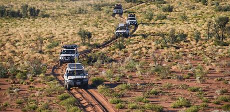 a group of vehicles driving through a field